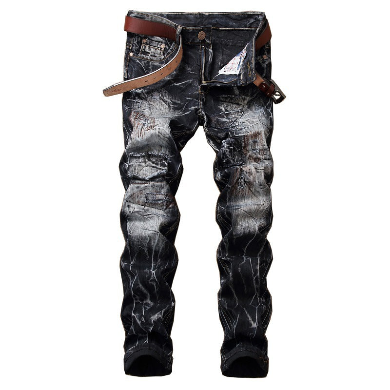 Distressed Slim Fit Straight-leg Denim Men's Broken Holes Pants Distressed Slim Fit Straight-leg Denim Men's Broken Holes Pants