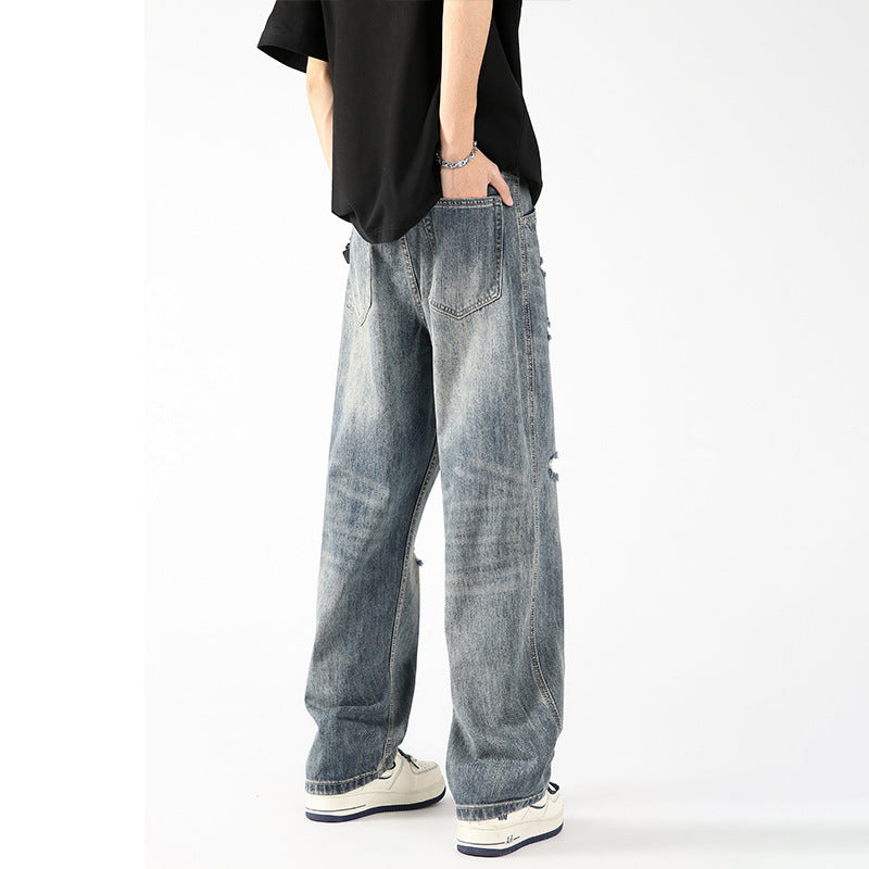 Men's American-style Vintage Ice Silk Ripped Jeans Men's American-style Vintage Ice Silk Ripped Jeans