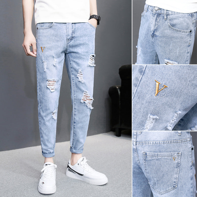 Autumn black ripped ankle jeans men Autumn black ripped ankle jeans men