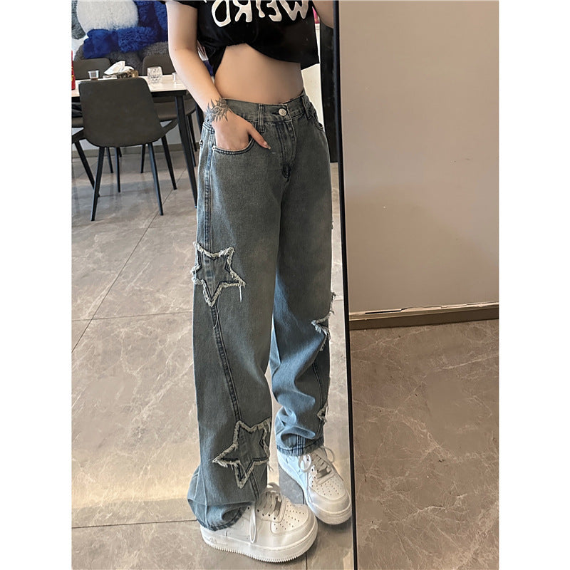Blue XINGX Embroidered Jeans Women Loose Straight-leg Wide-leg Pants Blue XINGX Embroidered Jeans Women Loose Straight-leg Wide-leg Pants
