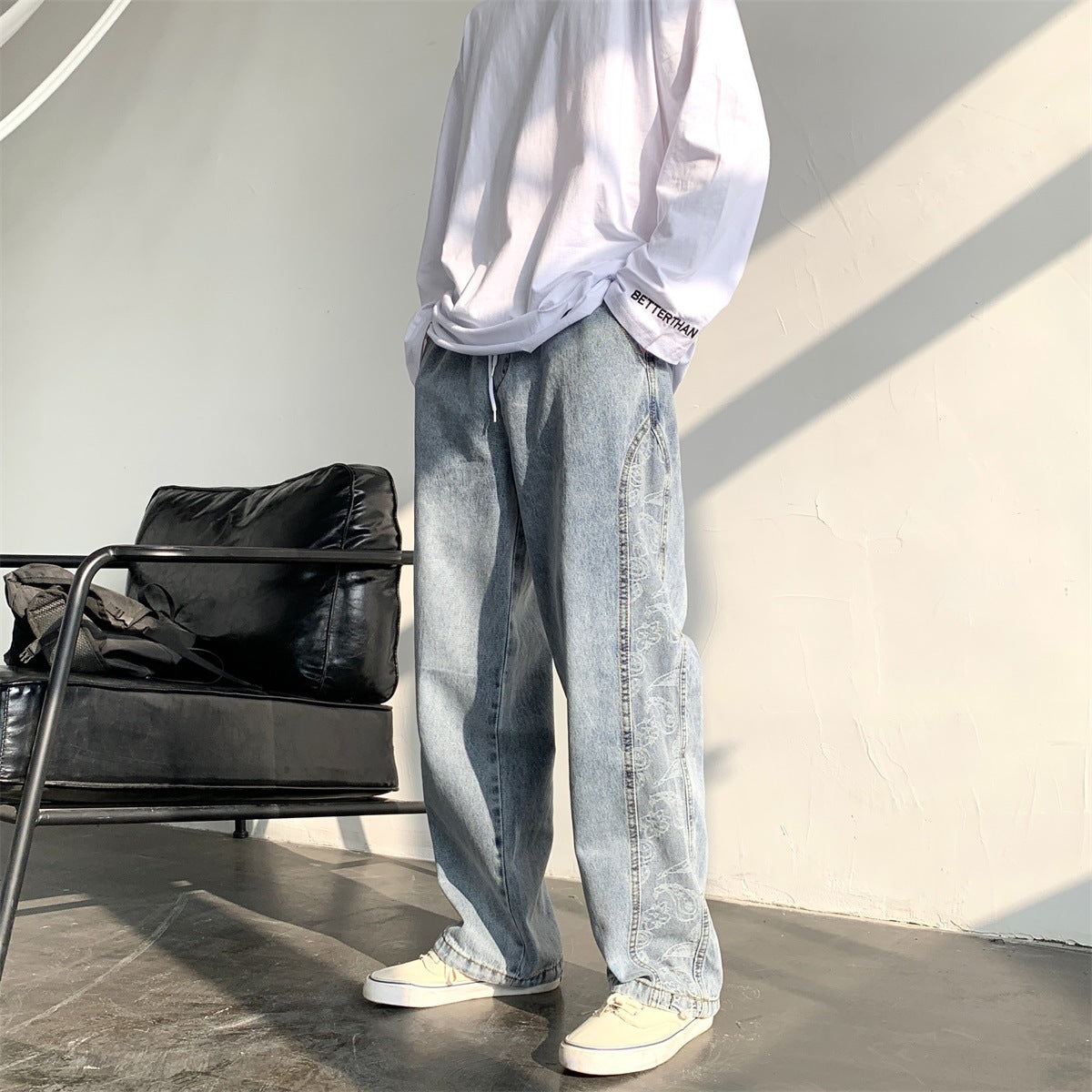 Retro Jeans Ins Men and Women Stitching Cashew Jacquard Loose Wide-leg Straight Pants Drawstring Trousers Tide Retro Jeans Ins Men and Women Stitching Cashew Jacquard Loose Wide-leg Straight Pants Drawstring Trousers Tide