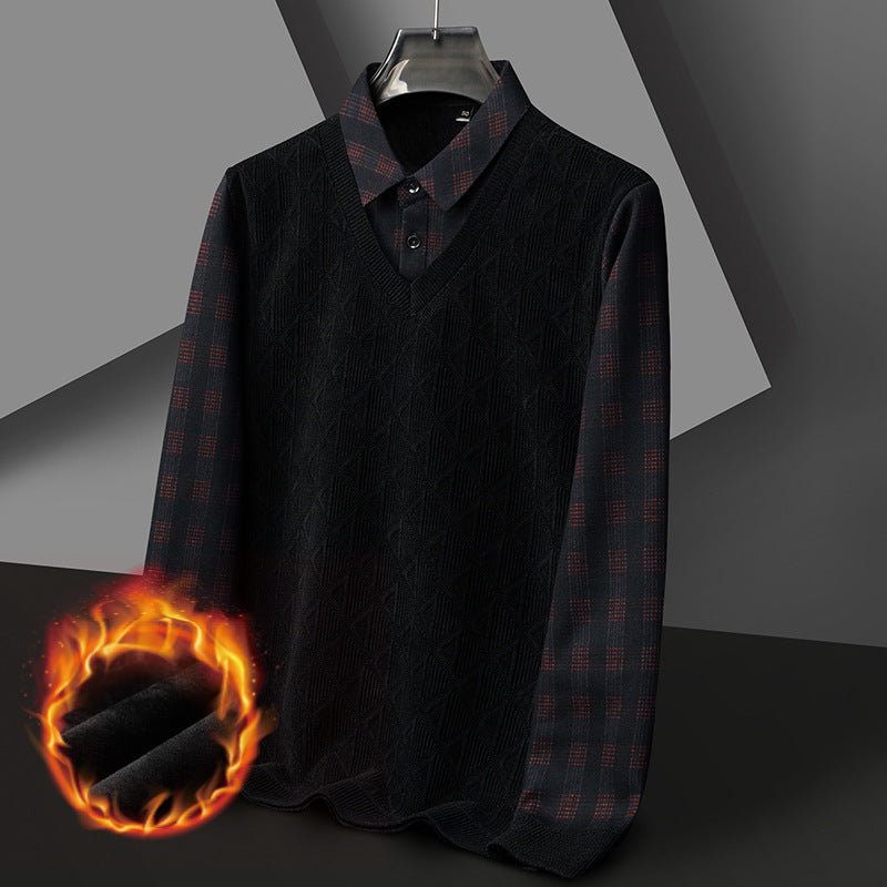 Men's Fleece-lined Thickened Fake Two-piece T-shirts Bottoming Shirt Men's Fleece-lined Thickened Fake Two-piece T-shirts Bottoming Shirt
