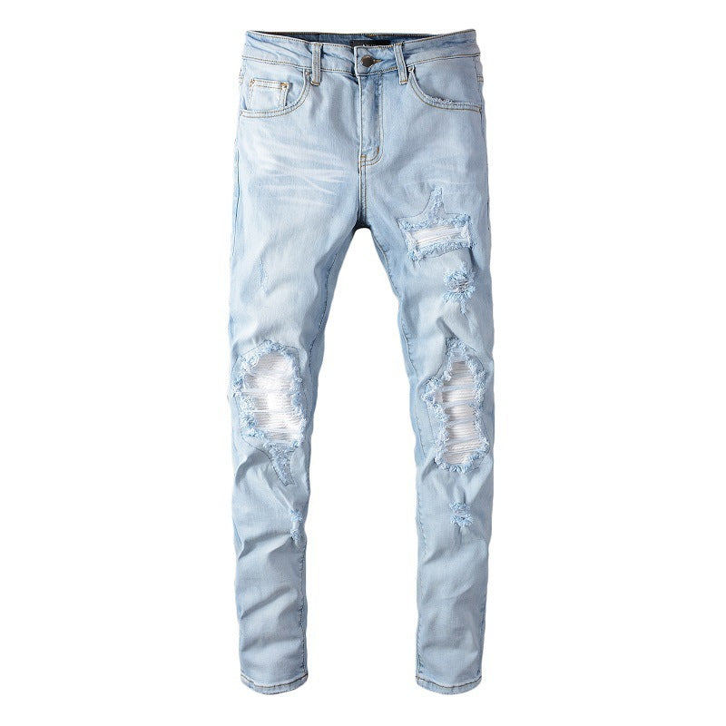 Trendy Brand Jeans Light Blue Ripped Patch Slim Fit Calf Pants Men Trendy Brand Jeans Light Blue Ripped Patch Slim Fit Calf Pants Men