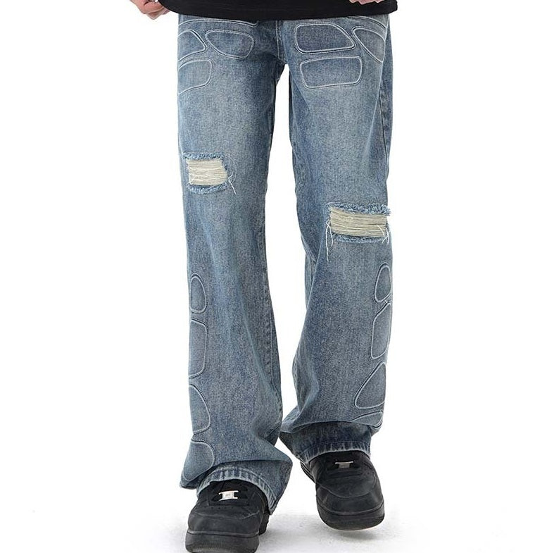 American-style Retro Street Washed Wide-leg Jeans For Men American-style Retro Street Washed Wide-leg Jeans For Men