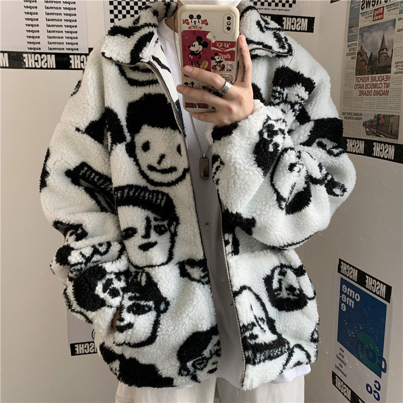 WAKUTA Winter Wool Coat Female Street Wear Chic Cute Funny Print Coats and Jackets Casual Loose Winter Clothes for Women WAKUTA Winter Wool Coat Female Street Wear Chic Cute Funny Print Coats and Jackets Casual Loose Winter Clothes for Women