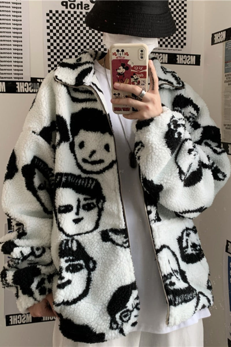 WAKUTA Winter Wool Coat Female Street Wear Chic Cute Funny Print Coats and Jackets Casual Loose Winter Clothes for Women WAKUTA Winter Wool Coat Female Street Wear Chic Cute Funny Print Coats and Jackets Casual Loose Winter Clothes for Women
