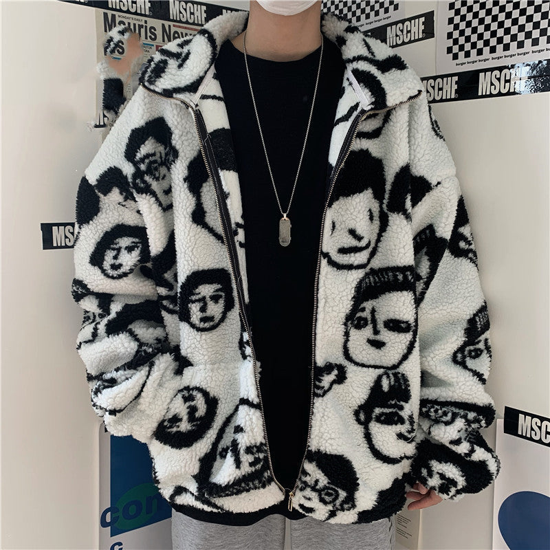 WAKUTA Winter Wool Coat Female Street Wear Chic Cute Funny Print Coats and Jackets Casual Loose Winter Clothes for Women WAKUTA Winter Wool Coat Female Street Wear Chic Cute Funny Print Coats and Jackets Casual Loose Winter Clothes for Women