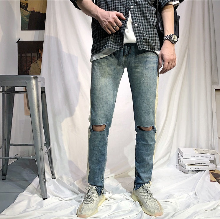 Summer European And American Street Hip.Hop Single Bar White Edge Pants Men''S Trend Slim Light Blue Cat Whiskers Pierced Jeans Summer European And American Street Hip.Hop Single Bar White Edge Pants Men''S Trend Slim Light Blue Cat Whiskers Pierced Jeans