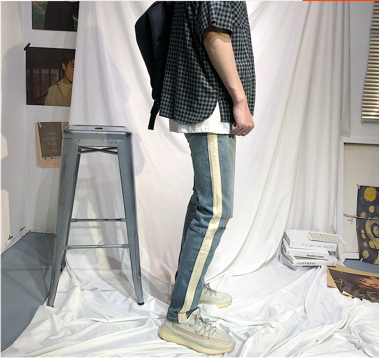 Summer European And American Street Hip.Hop Single Bar White Edge Pants Men''S Trend Slim Light Blue Cat Whiskers Pierced Jeans Summer European And American Street Hip.Hop Single Bar White Edge Pants Men''S Trend Slim Light Blue Cat Whiskers Pierced Jeans