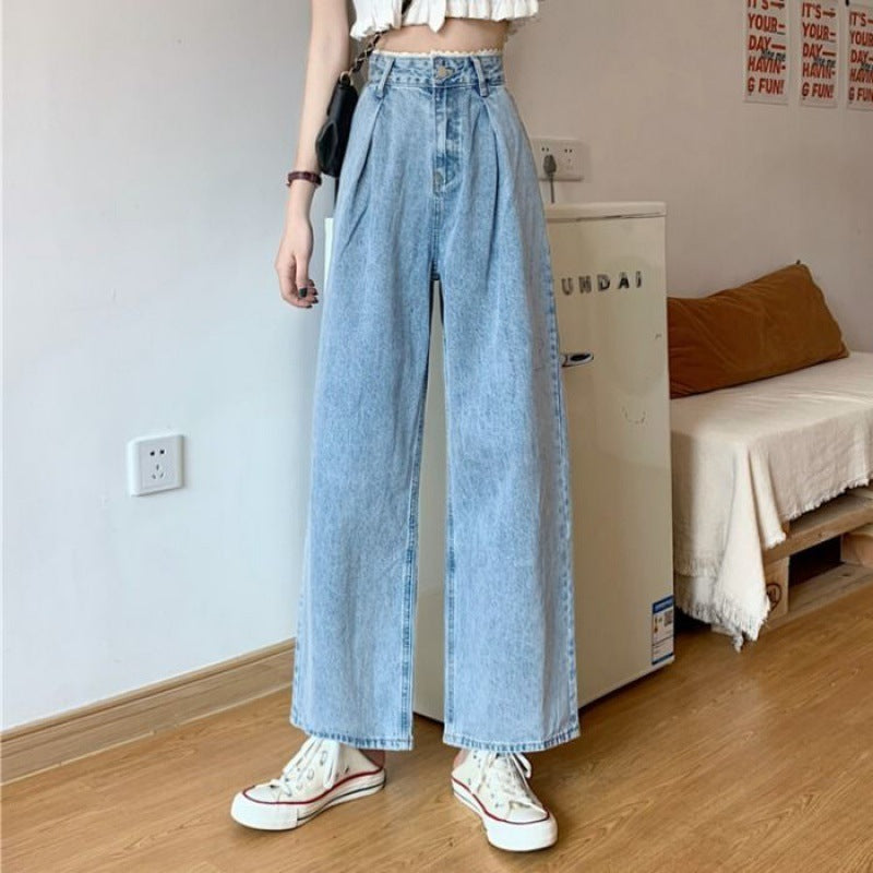 Korean Style Lace High Waist Jeans Women Loose Straight Wide Leg Pants Trousers Korean Style Lace High Waist Jeans Women Loose Straight Wide Leg Pants Trousers