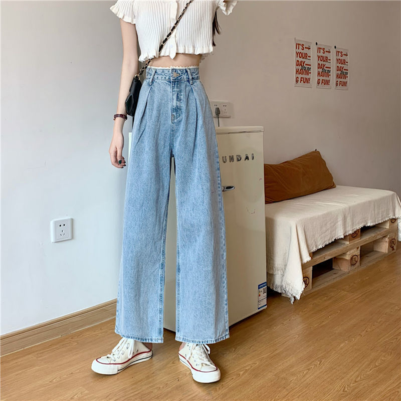 Korean Style Lace High Waist Jeans Women Loose Straight Wide Leg Pants Trousers Korean Style Lace High Waist Jeans Women Loose Straight Wide Leg Pants Trousers