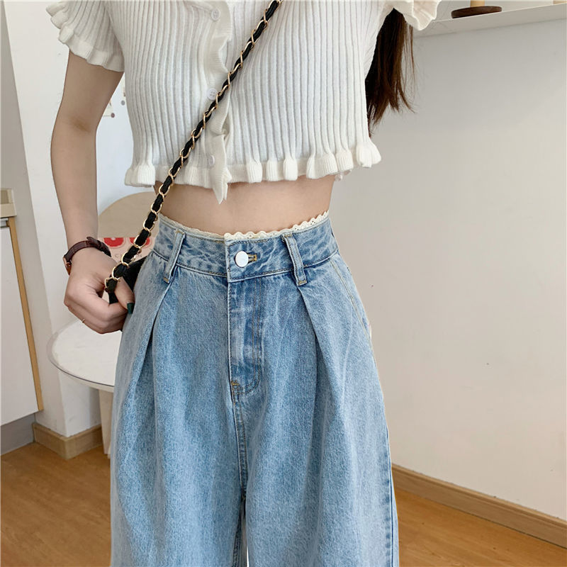 Korean Style Lace High Waist Jeans Women Loose Straight Wide Leg Pants Trousers Korean Style Lace High Waist Jeans Women Loose Straight Wide Leg Pants Trousers
