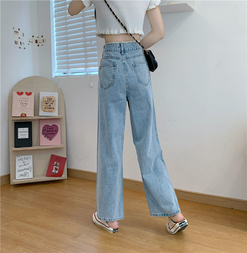 Korean Style Lace High Waist Jeans Women Loose Straight Wide Leg Pants Trousers Korean Style Lace High Waist Jeans Women Loose Straight Wide Leg Pants Trousers