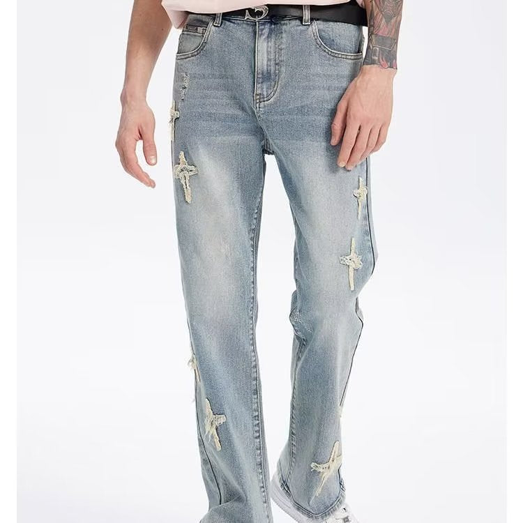 Patch Cross Star Washed American High Street Jeans Men's Loose Straight Embroidered Pants Men Patch Cross Star Washed American High Street Jeans Men's Loose Straight Embroidered Pants Men