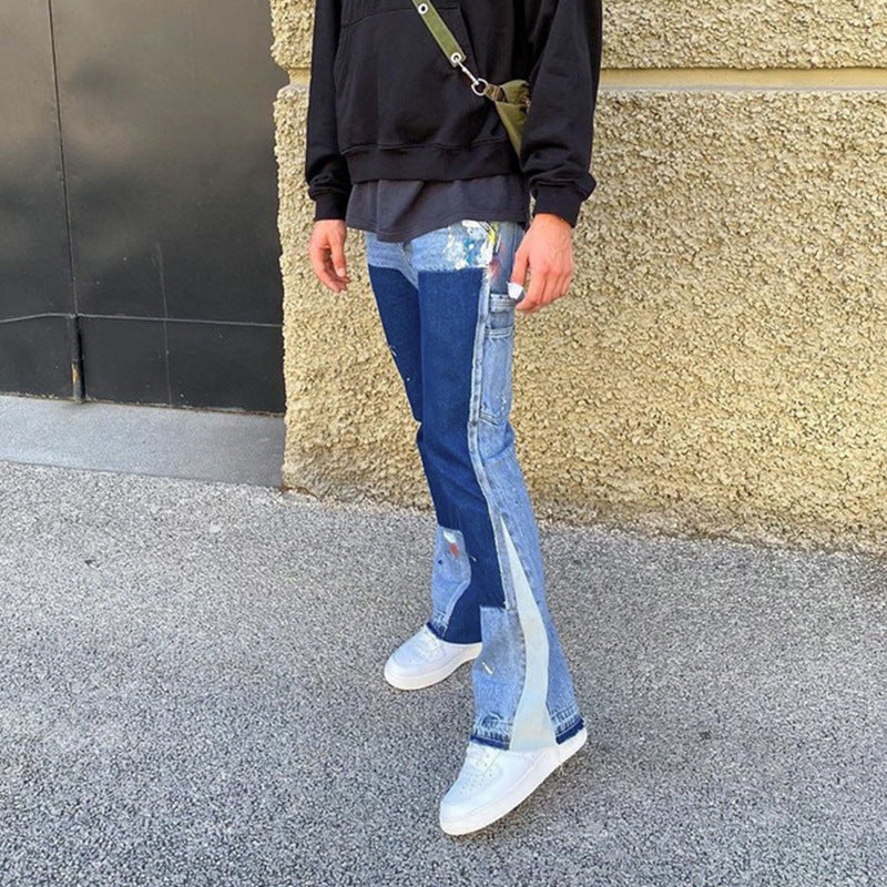 Fall Winter New Flared Wide-Leg Pants Men And Women Patch Wash Water Beggar Jeans Fall Winter New Flared Wide-Leg Pants Men And Women Patch Wash Water Beggar Jeans