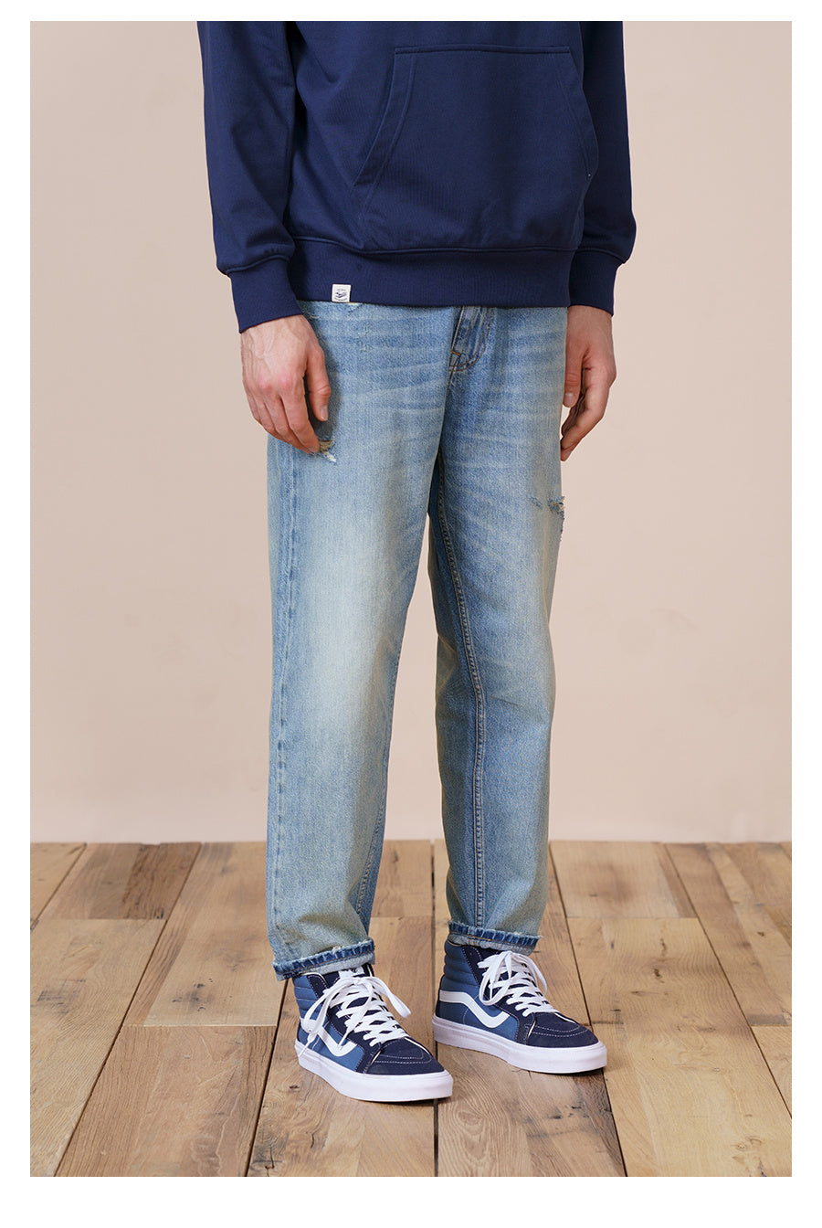 Washed Micro-elastic Frayed Cropped Jeans Men Washed Micro-elastic Frayed Cropped Jeans Men