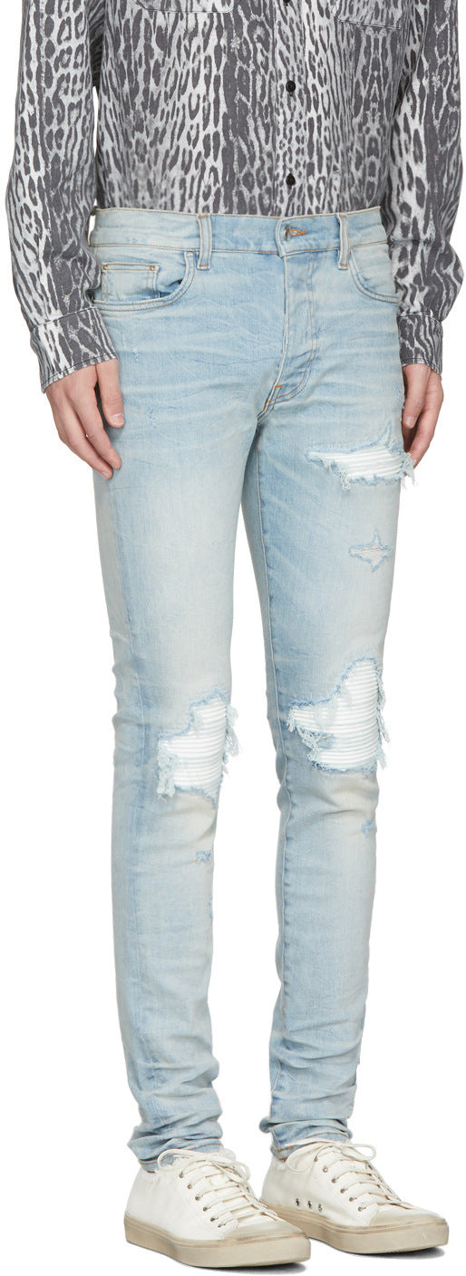 Trendy Brand Jeans Light Blue Ripped Patch Slim Fit Calf Pants Men Trendy Brand Jeans Light Blue Ripped Patch Slim Fit Calf Pants Men