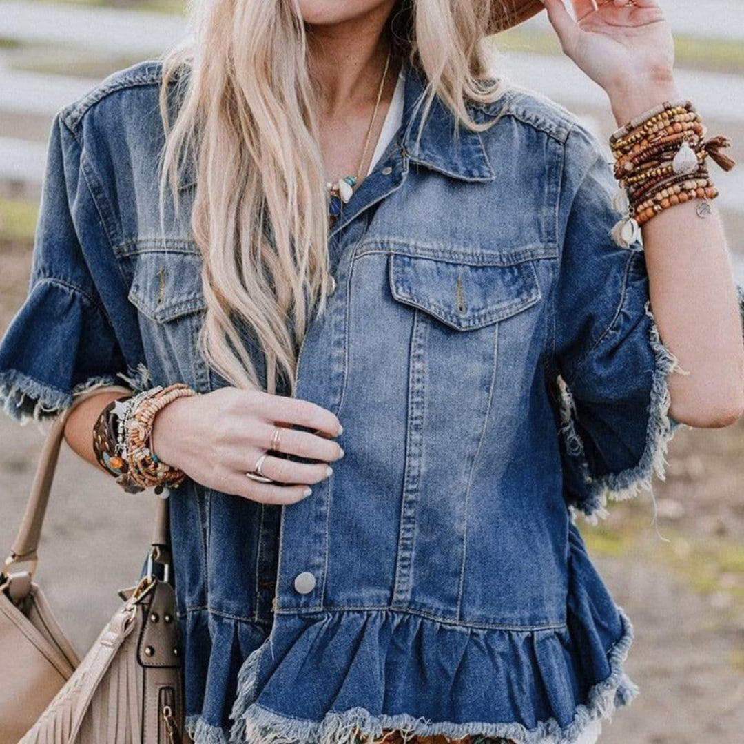 Ruffled Short Sleeves Tops For Women Loose Denim Jacket Ruffled Short Sleeves Tops For Women Loose Denim Jacket