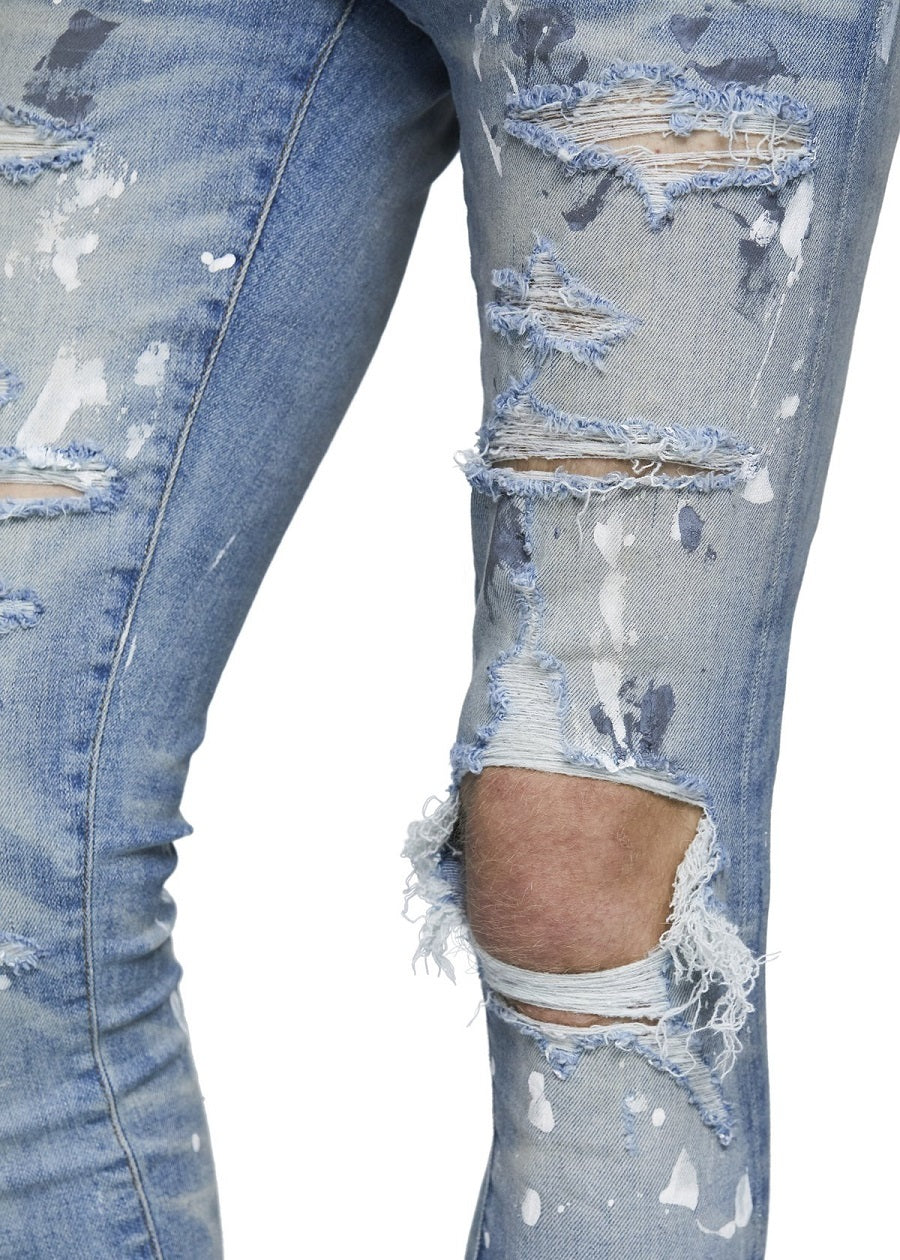 Torn Graffiti Old Wash Stretchy Slim Jeans Men Torn Graffiti Old Wash Stretchy Slim Jeans Men