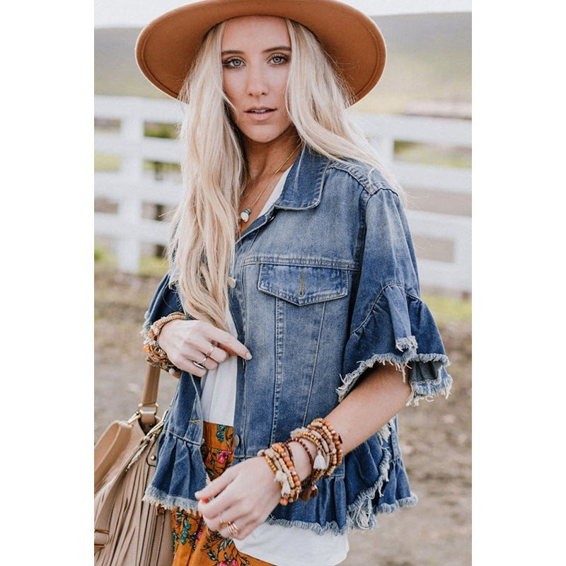 Ruffled Short Sleeves Tops For Women Loose Denim Jacket Ruffled Short Sleeves Tops For Women Loose Denim Jacket