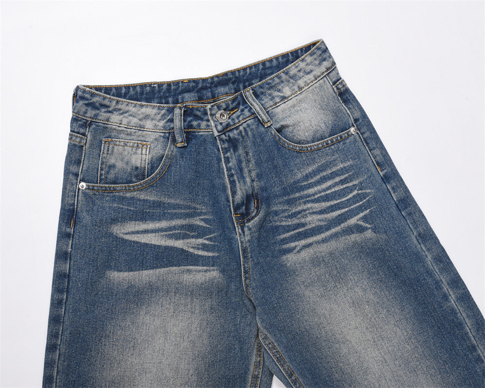 Washed White Pleated Straight Jeans For Men Washed White Pleated Straight Jeans For Men