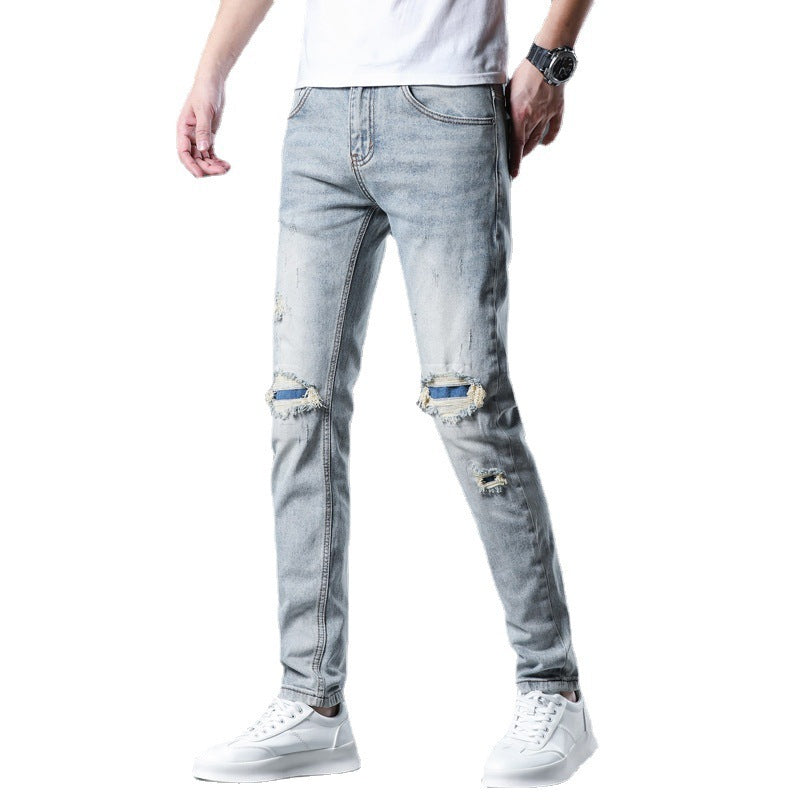 New Patch Ripped Jeans Men's Stretch New Patch Ripped Jeans Men's Stretch