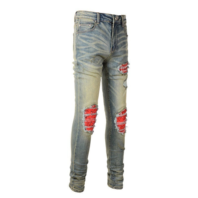 Red Printed Pleated Elastic Light Colored Jeans For Men Red Printed Pleated Elastic Light Colored Jeans For Men