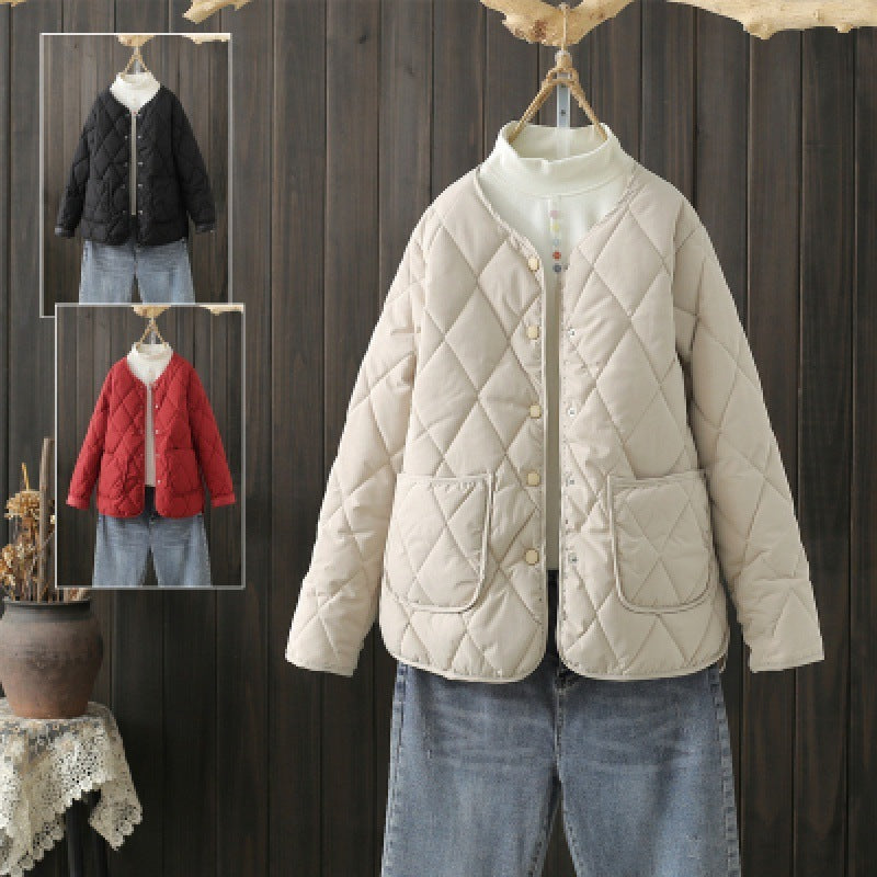 Winter Rhombus Sewing Coat With Pockets Warm Round-neck Button Jacket Lightweight Outerwear For Women's Clothing Winter Rhombus Sewing Coat With Pockets Warm Round-neck Button Jacket Lightweight Outerwear For Women's Clothing