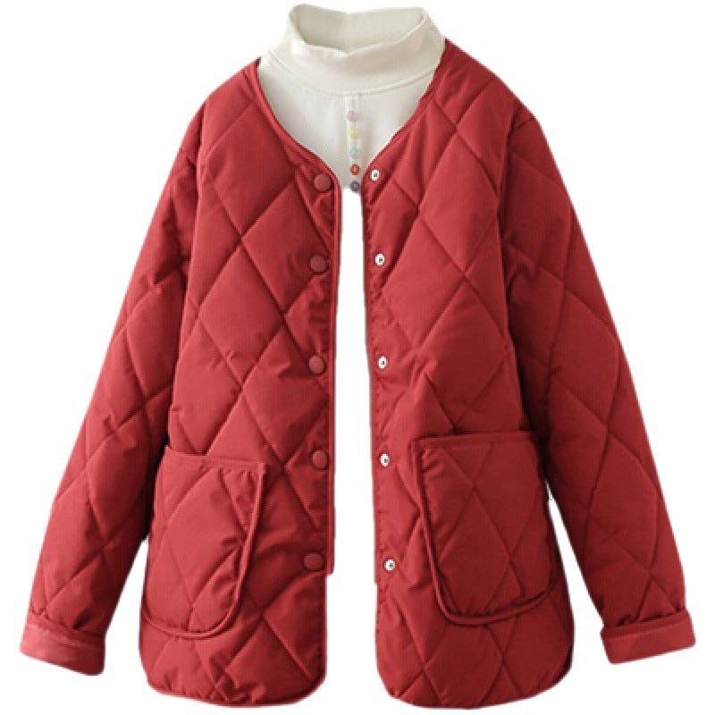 Winter Rhombus Sewing Coat With Pockets Warm Round-neck Button Jacket Lightweight Outerwear For Women's Clothing Winter Rhombus Sewing Coat With Pockets Warm Round-neck Button Jacket Lightweight Outerwear For Women's Clothing
