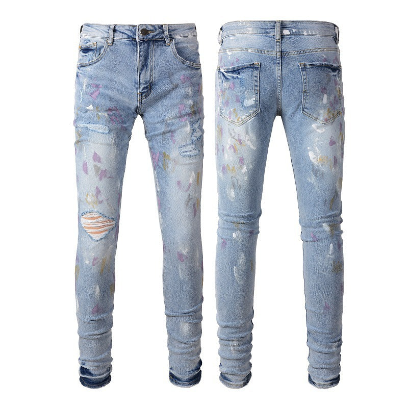 European And American Autumn Retro Colorful Paint-splashing Style Graffiti Stretch Men's Jeans European And American Autumn Retro Colorful Paint-splashing Style Graffiti Stretch Men's Jeans