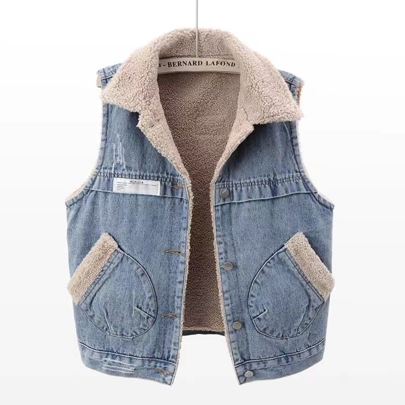 Lamb Wool Denim Cotton-padded Waistcoat Women Lamb Wool Denim Cotton-padded Waistcoat Women
