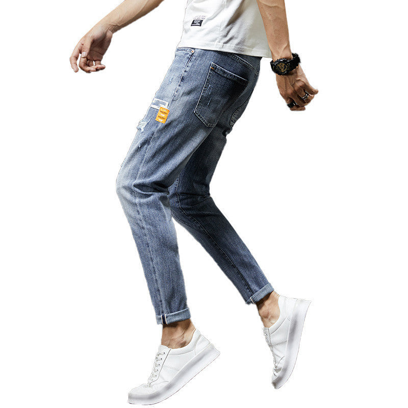 Men's Ripped Denim Slim-fitting Ankle Length Trousers Pants Men's Ripped Denim Slim-fitting Ankle Length Trousers Pants