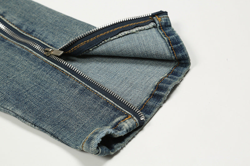 Distressed Slim-fit Jeans With Zipper Straight Pants Distressed Slim-fit Jeans With Zipper Straight Pants
