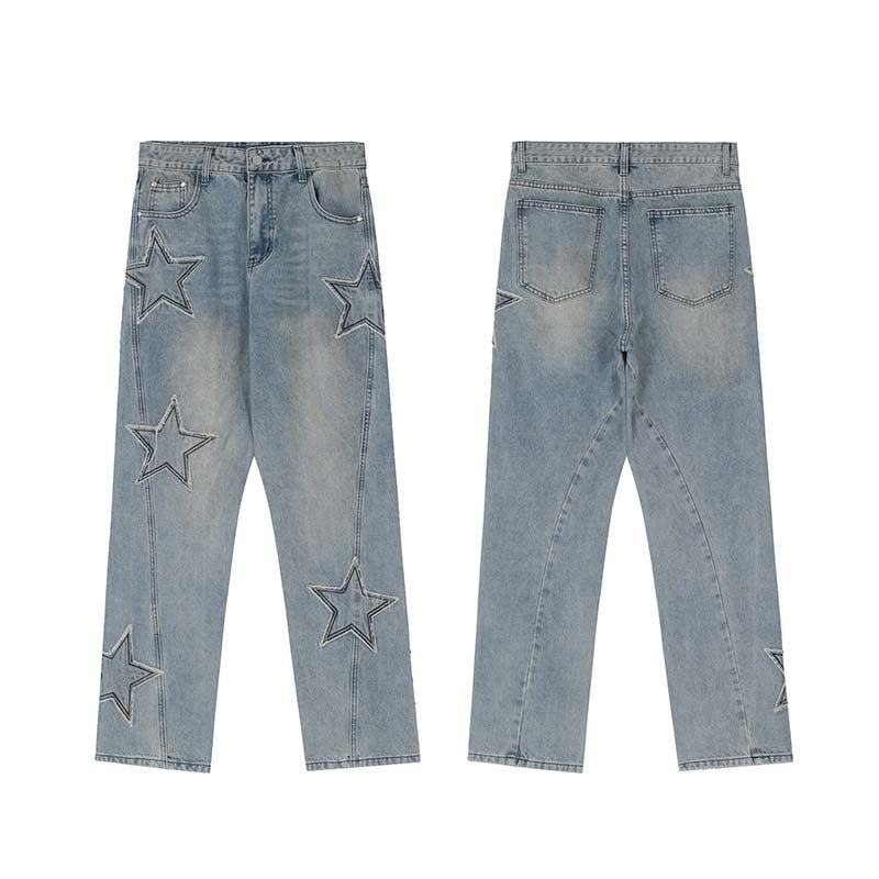 Street Trend Patch Pentagram Cat Whisker Embroidered Jeans Men Street Trend Patch Pentagram Cat Whisker Embroidered Jeans Men