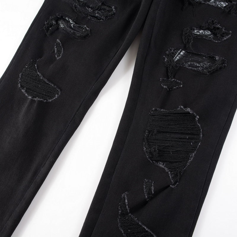 Broken Three Headed Snake Embroidery Patchwork Jeans For Men Broken Three Headed Snake Embroidery Patchwork Jeans For Men