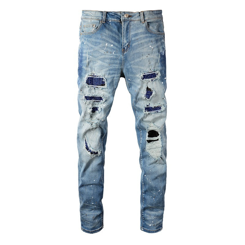 Hot Diamond Speckle Paint Elastic Slim Fit Light Jeans For Men Hot Diamond Speckle Paint Elastic Slim Fit Light Jeans For Men
