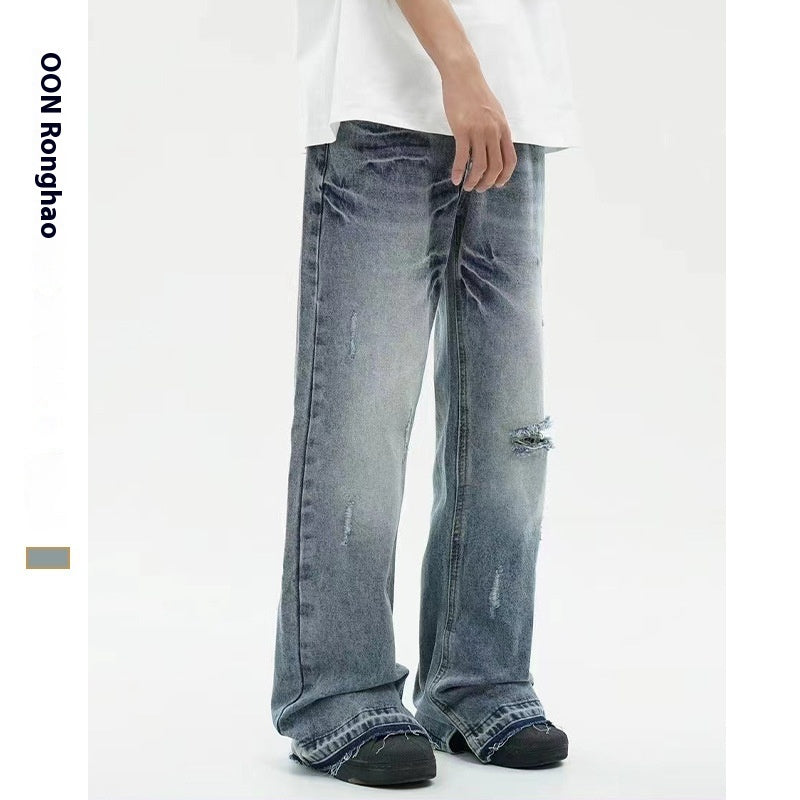 Blue Washed Distressed Summer Style American Style Draping Mopping Floor Wide Leg Trousers Blue Washed Distressed Summer Style American Style Draping Mopping Floor Wide Leg Trousers