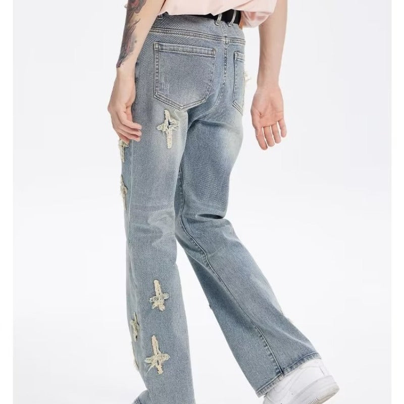 Patch Cross Star Washed American High Street Jeans Men's Loose Straight Embroidered Pants Men Patch Cross Star Washed American High Street Jeans Men's Loose Straight Embroidered Pants Men
