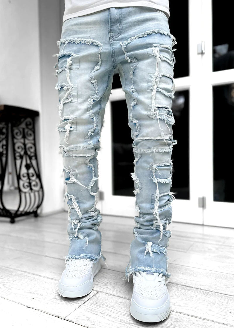 Men Trousers Individual Patched Pants Long Tight Fit Stacked Jeans For Mens Clothing Men Trousers Individual Patched Pants Long Tight Fit Stacked Jeans For Mens Clothing