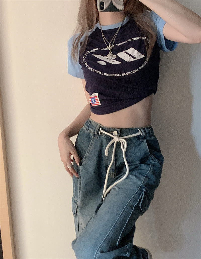 American High Street Drawstring Elastic Waist Jeans Women American High Street Drawstring Elastic Waist Jeans Women