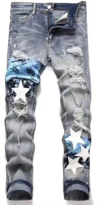 Punk Retro Blue Ripped Slim Elastic Printing Printing And Dyeing Feet Men's Jeans Punk Retro Blue Ripped Slim Elastic Printing Printing And Dyeing Feet Men's Jeans
