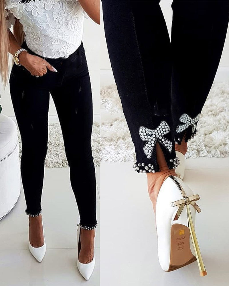 Slim Jeans Women Butterfly Sticky Flower Beaded Split Trousers Slim Jeans Women Butterfly Sticky Flower Beaded Split Trousers