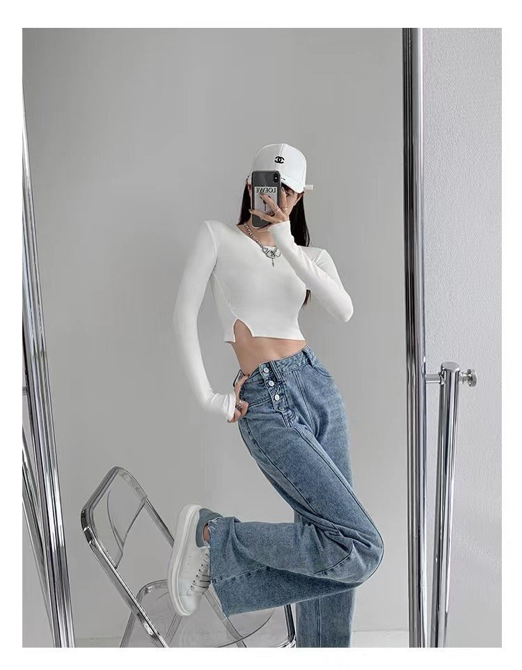 Irregular Breasted High Waist Jeans For Women Straight-leg Trousers Irregular Breasted High Waist Jeans For Women Straight-leg Trousers