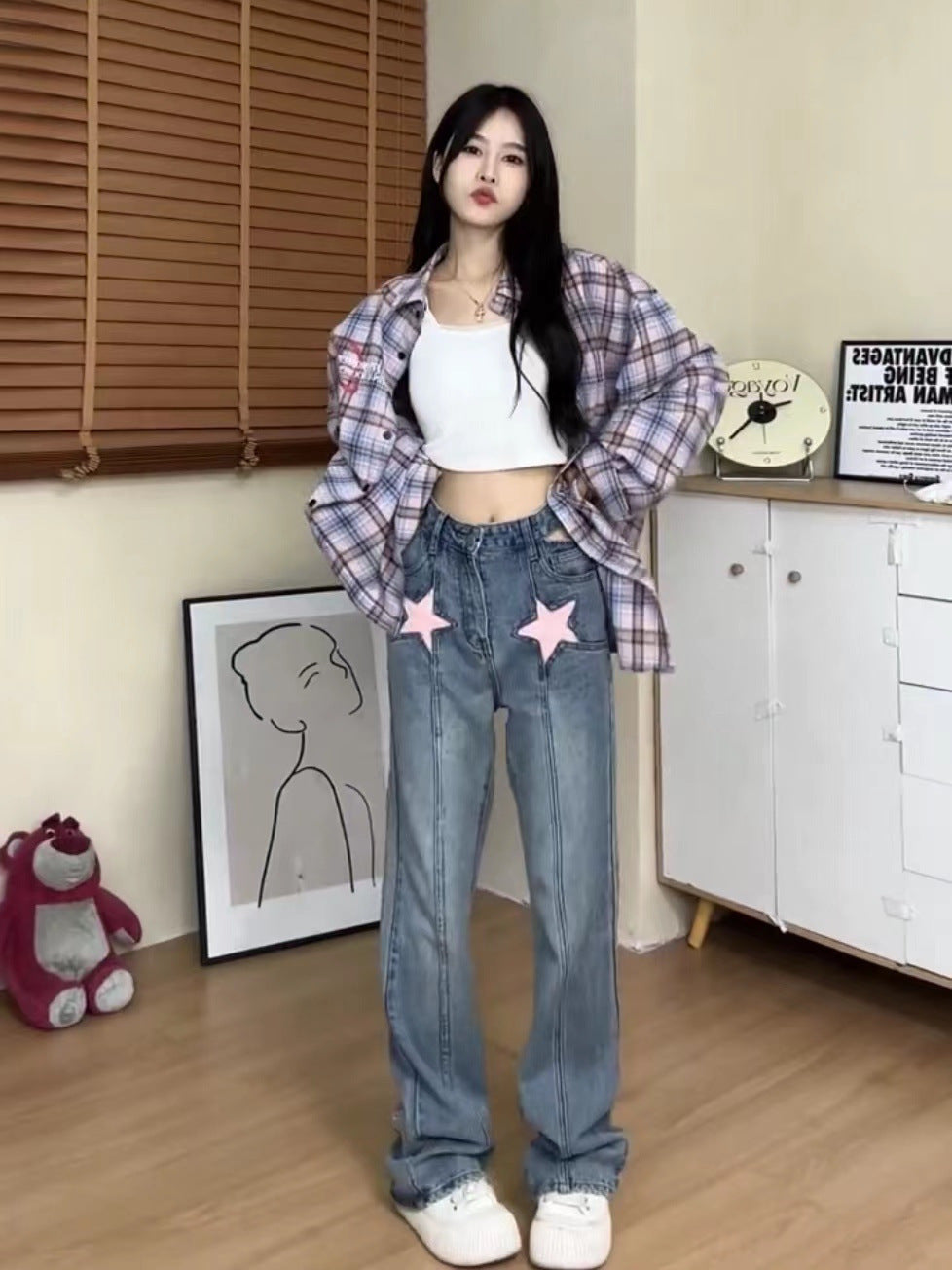 Design Sense XINGX Printed High Waist Hollow-out Jeans For Women Design Sense XINGX Printed High Waist Hollow-out Jeans For Women