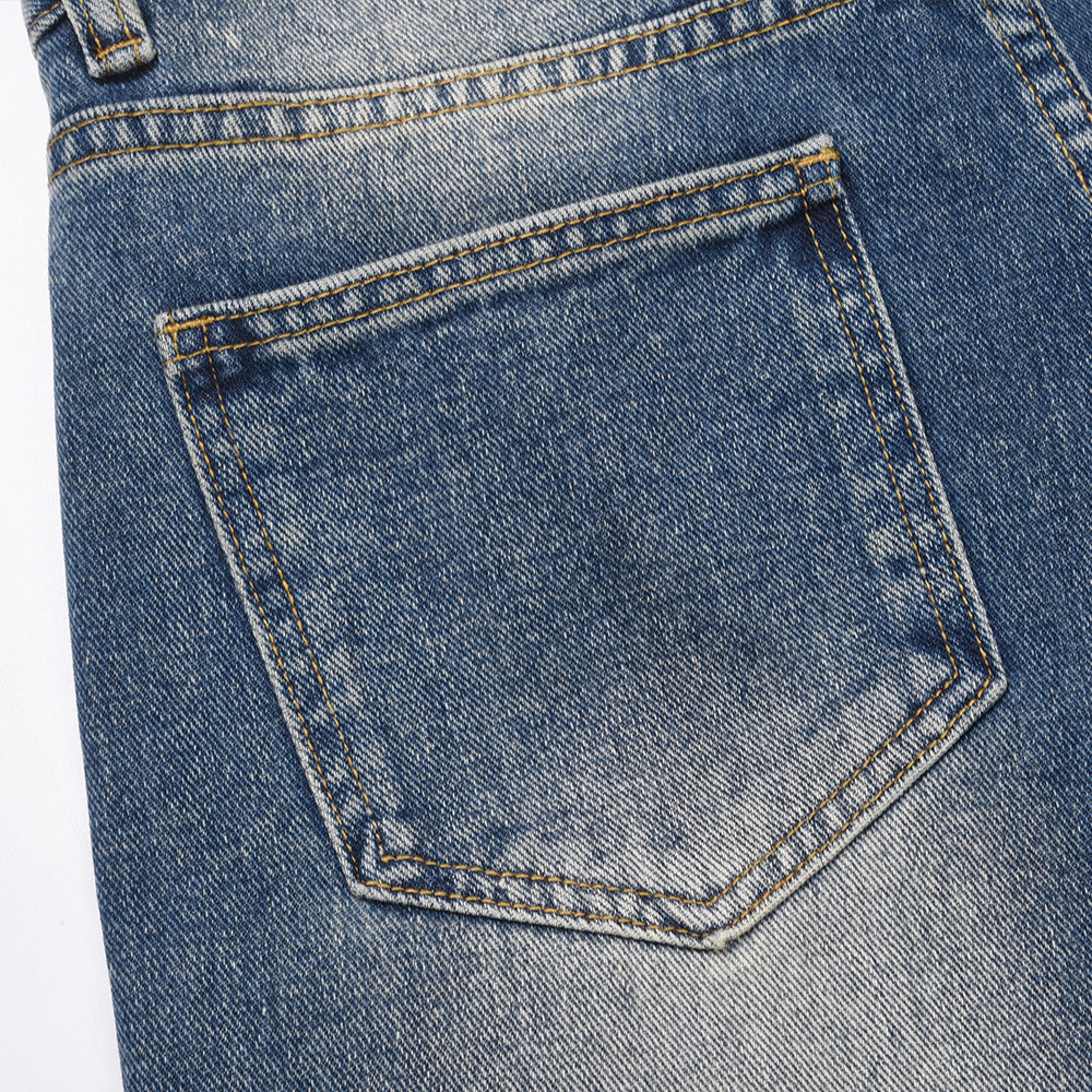 Washed White Pleated Straight Jeans For Men Washed White Pleated Straight Jeans For Men