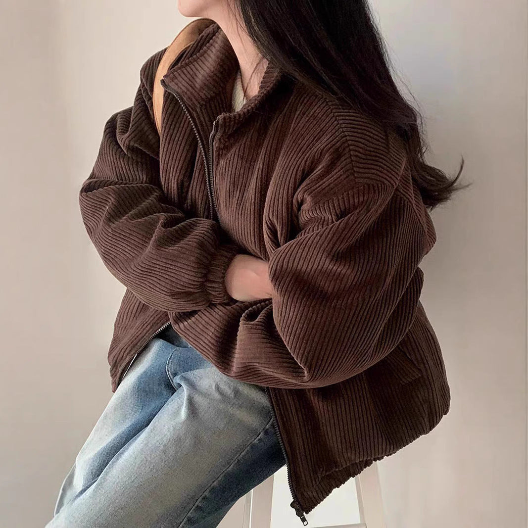 Lapel Sunken Stripe Design Loose Corduroy Cotton-padded Short Coat For Women Lapel Sunken Stripe Design Loose Corduroy Cotton-padded Short Coat For Women