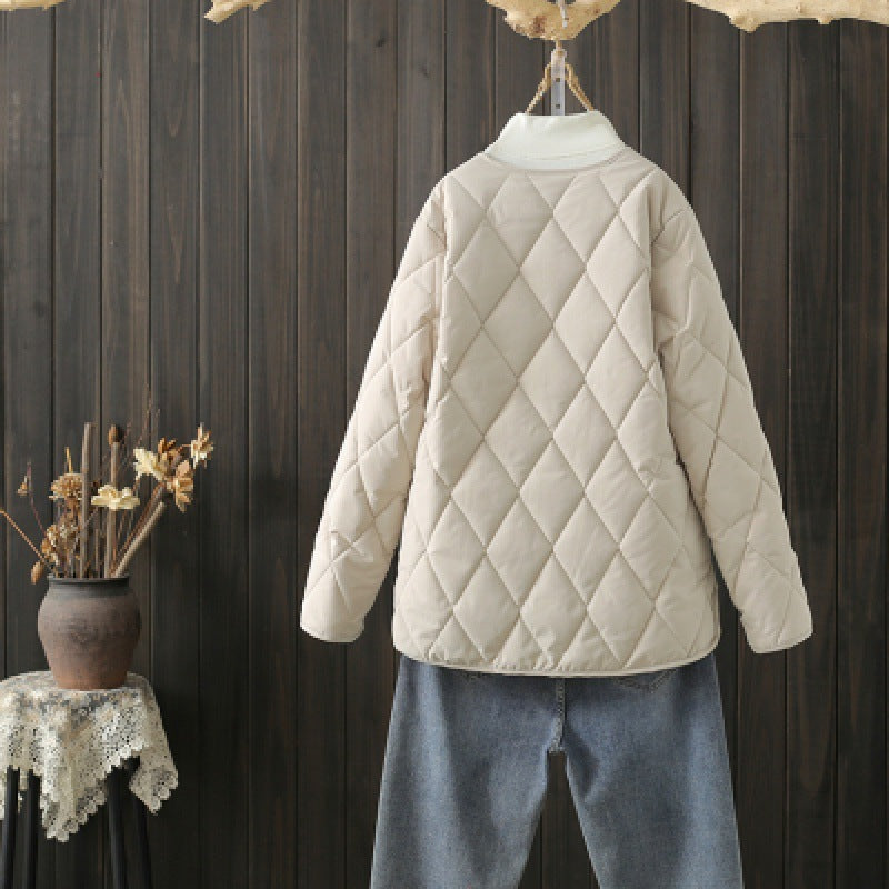 Winter Rhombus Sewing Coat With Pockets Warm Round-neck Button Jacket Lightweight Outerwear For Women's Clothing Winter Rhombus Sewing Coat With Pockets Warm Round-neck Button Jacket Lightweight Outerwear For Women's Clothing