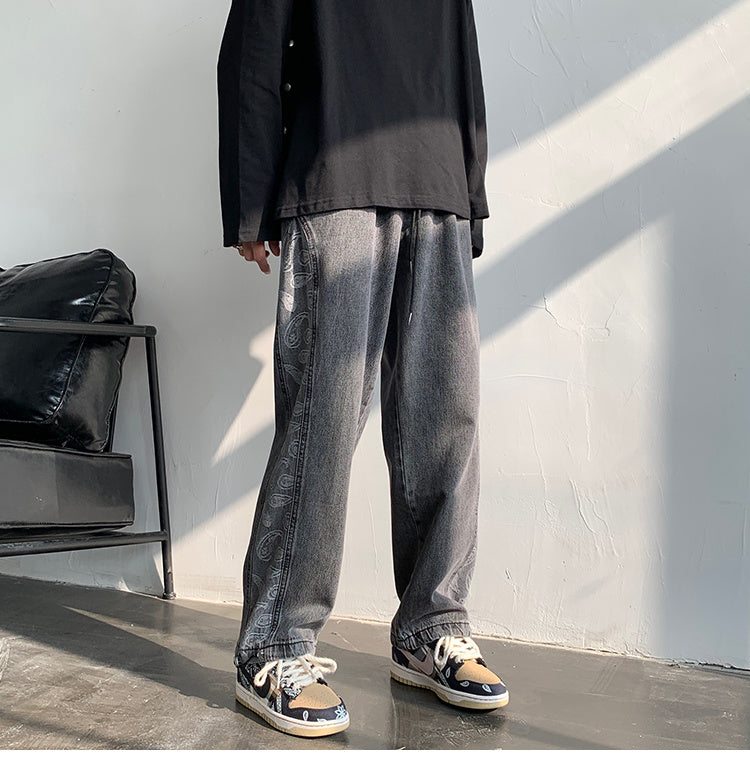 Retro Jeans Ins Men and Women Stitching Cashew Jacquard Loose Wide-leg Straight Pants Drawstring Trousers Tide Retro Jeans Ins Men and Women Stitching Cashew Jacquard Loose Wide-leg Straight Pants Drawstring Trousers Tide