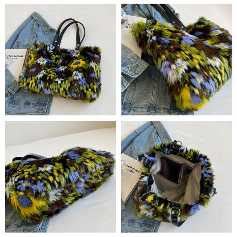 Winter Plush Bags Women Flowers Shoulder Bag Handbag Winter Plush Bags Women Flowers Shoulder Bag Handbag