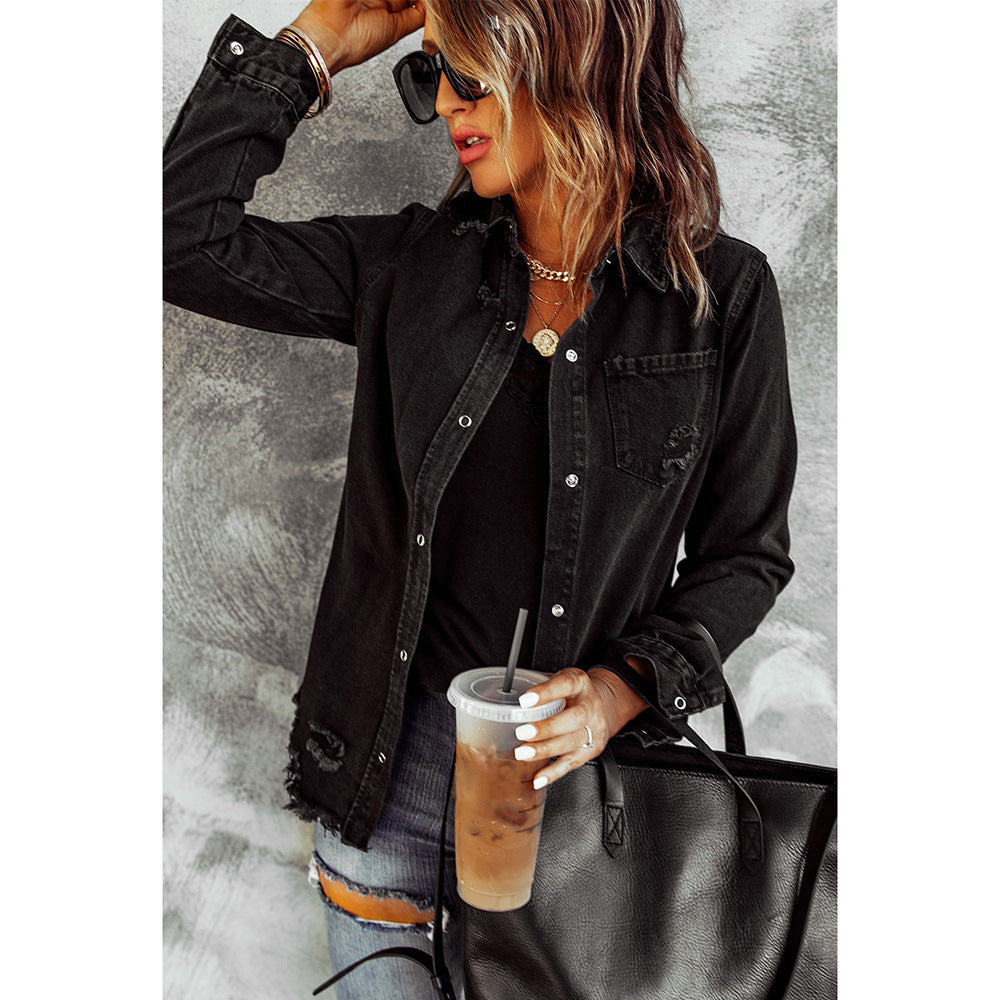 Black Ripped Shirt Denim Long Sleeve Coat Jacket Women Black Ripped Shirt Denim Long Sleeve Coat Jacket Women